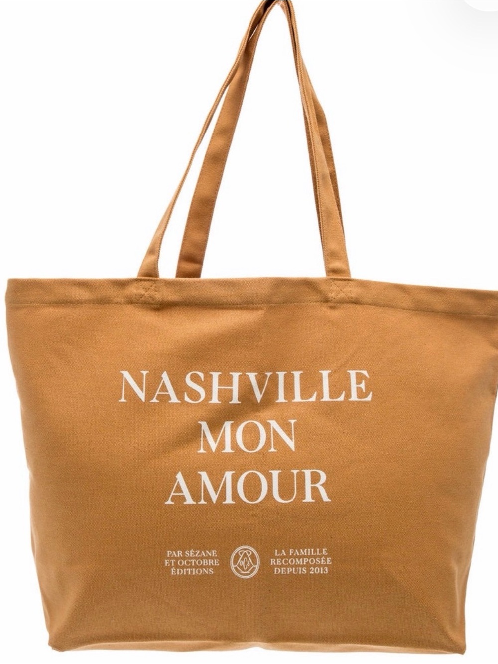 Sezane Tan Canvas Tote with White Nashville Mon Amour Print
